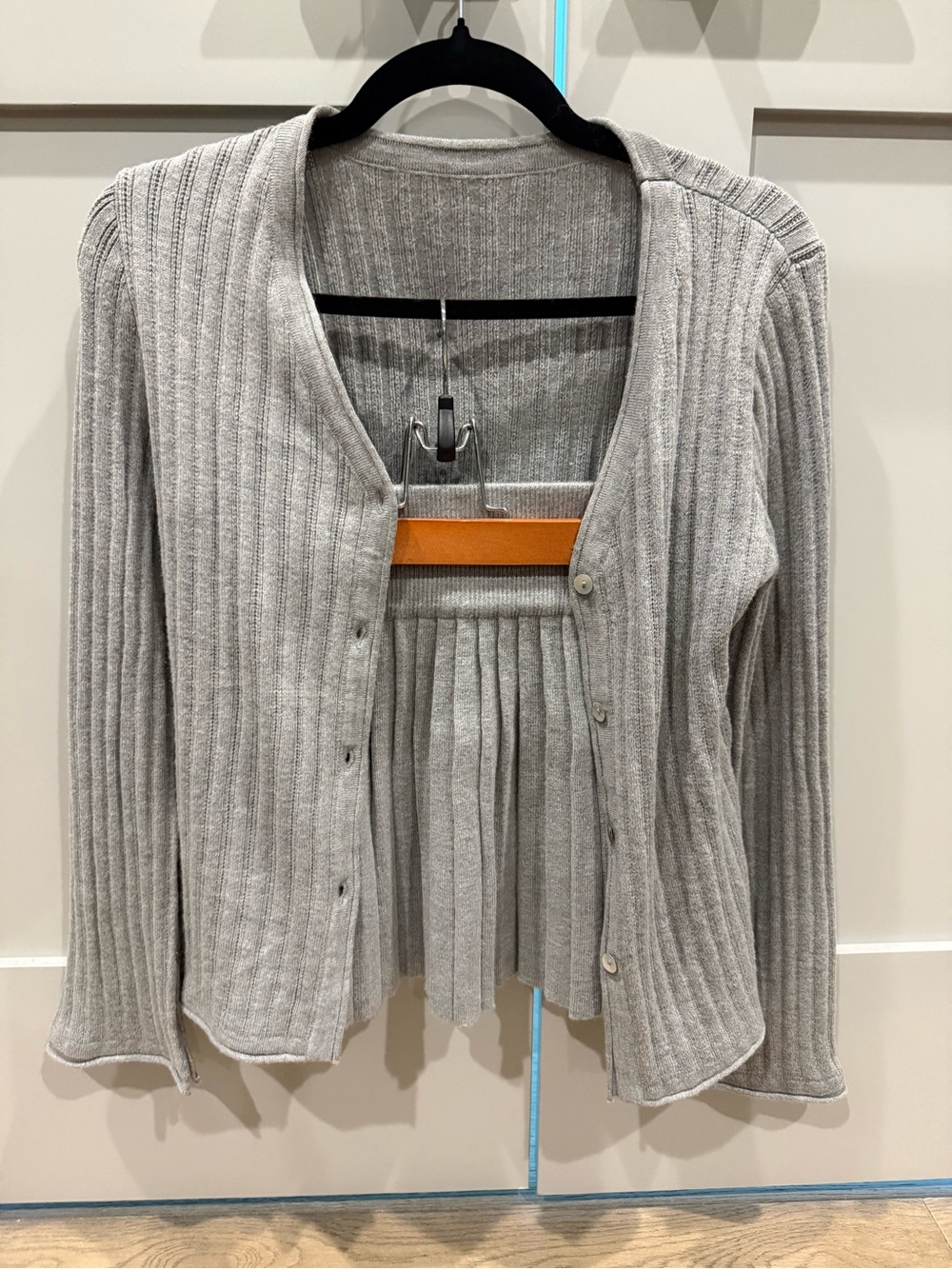 Cider Light Gray Ribbed V-Neck Button Cardigan and pleated skirt set